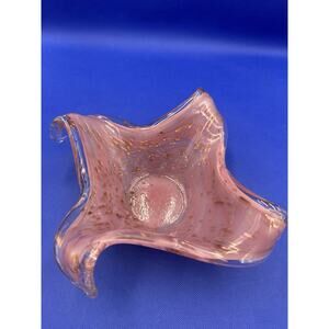 Vintage MCM Murano Style Art Glass Bowl Candy Dish Pink Gold Aventurine Flecks